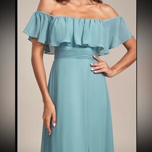 EVER PRETTY Chic Ruffle Off-Shoulder Chiffon Maxi Gown High Slit Design dress